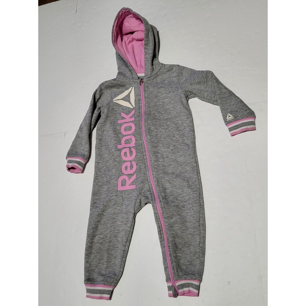 (#4) Reebok Toddler Baby Girl Sz 24M Jumpsuit Hooded Gray and Pink Sporty